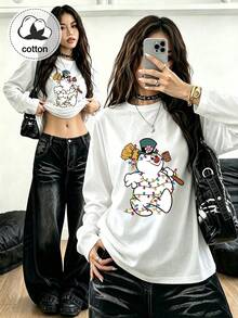Women's Plus Size Snowman Christmas Lights Pattern Print Casual Fall Winter Long Sleeve T-Shirt Top - White - View 2