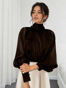 Blusa elegante de unicolor con cuello alto y mangas farol para mujer, primavera - Café integral - Ver 1