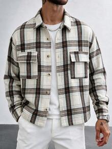 GloMan Old Money Style Men's Black & White Plaid Button-Front Long Sleeve Jacket, Warm For Autumn, Suitable For Office Commute, Business, Family Gatherings, Gift For Husband/Father - Multicolor - View 1