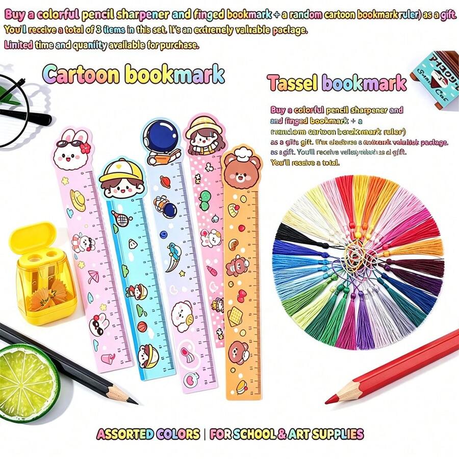 3pcs/Set (Random Pencil Sharpener + Random Tassel Bookmark + Random Cartoon Bookmark Ruler) Dual-Hole Pencil Sharpener Set, Random Color, Manual Pencil Sharpener, Suitable For School Classroom Art Supplies, Portable Pencil Sharpener, Compatible With Standard And Jumbo Pencils, Back To School/Halloween/Christmas Essential, Great Value Set/Limited Time Offer - 3-piece Set - View 1
