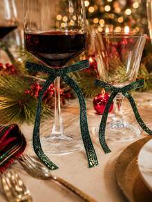 1pc/6pcs/10pcs Christmas Wine Glass Bow Decor, Christmas Dinner Table Decoration, Holiday Party Stemware Ornament, Festive Table Setting Detail Decor, Elegant Party Tabletop Atmosphere Enhancement, Fashionable Table Decor - Multicolor 4 - View 4