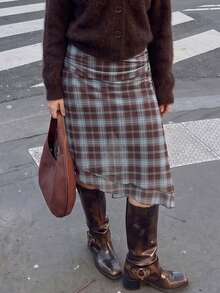 Women's Brown Plaid Chiffon Skirt | Ruched Waist Asymmetrical Multi-Layered Skirt - Multicolor - View 3