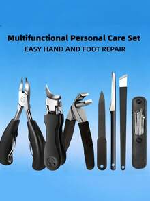 Professional Black Stainless Steel Nail Care Set 5pcs, Suitable For Thick & Hard Nails, Includes Nail File, Cuticle Clipper, Cuticle Pusher, Unisex, Suitable For All Ages, Classic Black Handle, Ideal Gift - Multicolor - View 1