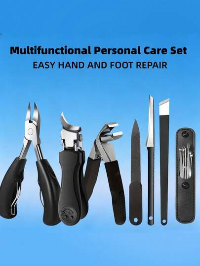Juego Profesional de Cuidado de Uñas de Acero Inoxidable Negro 5 Piezas, Adecuado para Uñas Gruesas y Duras, Incluye Lima de Uñas, Cortaúñas de Cutícula, Empujador de Cutícula, Unisex, Adecuado para Todas las Edades, Mango Negro Clásico, Regalo Ideal