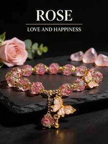 Bohemian Style Pink Rose Glass Beaded Bracelet With Butterfly Pendant, Handmade Oil Drop Crafted Skin-Friendly Jewelry, Suitable For Daily Wear And Gift - Pink - View 6