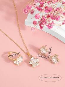 Faux Pearl Flower Pendant Necklace, Earrings, Ring Jewelry Set, Fashionable And Versatile - Multicolor - View 4