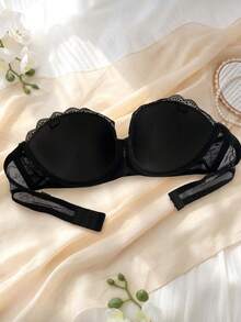1pc Black Front Closure Lace Bandeau Bra, Push Up For Small Chest, Strapless Anti-Slip Bandage Bra With Transparent Shoulder Straps For Women - Black - View 7