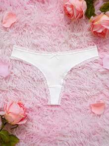 7 Pcs Ribbed Cotton Thongs Panties For Women Lace Trim Bow Decorate Soft Touch Comfy Daily Wear, White - White - View 6