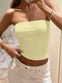 Women's Plus Size Summer Sexy Fitted Knit Tube Top Solid Color Yellow - Yellow - View 8