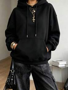 Women's White Loose Comfortable Hooded Sweatshirt, Warm Lining Drawstring Pullover, With Pockets, Suitable For Autumn/Winter Wear - Black - View 8