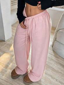 Women's Linen Texture Wide Leg Pants, Drawstring Elastic Waist Loose Casual Long Pants, Lightweight Summer Autumn Wide Leg Pants - Pink - View 3