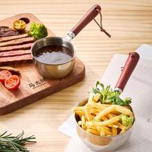 Wooden Handle Stainless Steel Mini Oil Pot, Kitchen Oil Splashing Tool, Compatible With Induction Cooktop, Mini Pot For Butter, Sauce And Hot Oil - View 5