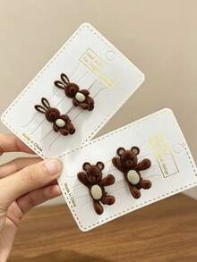 2pcs/Set Maillard Vintage Flocked Bear & Rabbit Hair Clips Set, Soft Cute 3D Animal Hair Accessories For Women's Daily Outfit, Bangs & Loose Hair Decoration - Multicolor - View 4