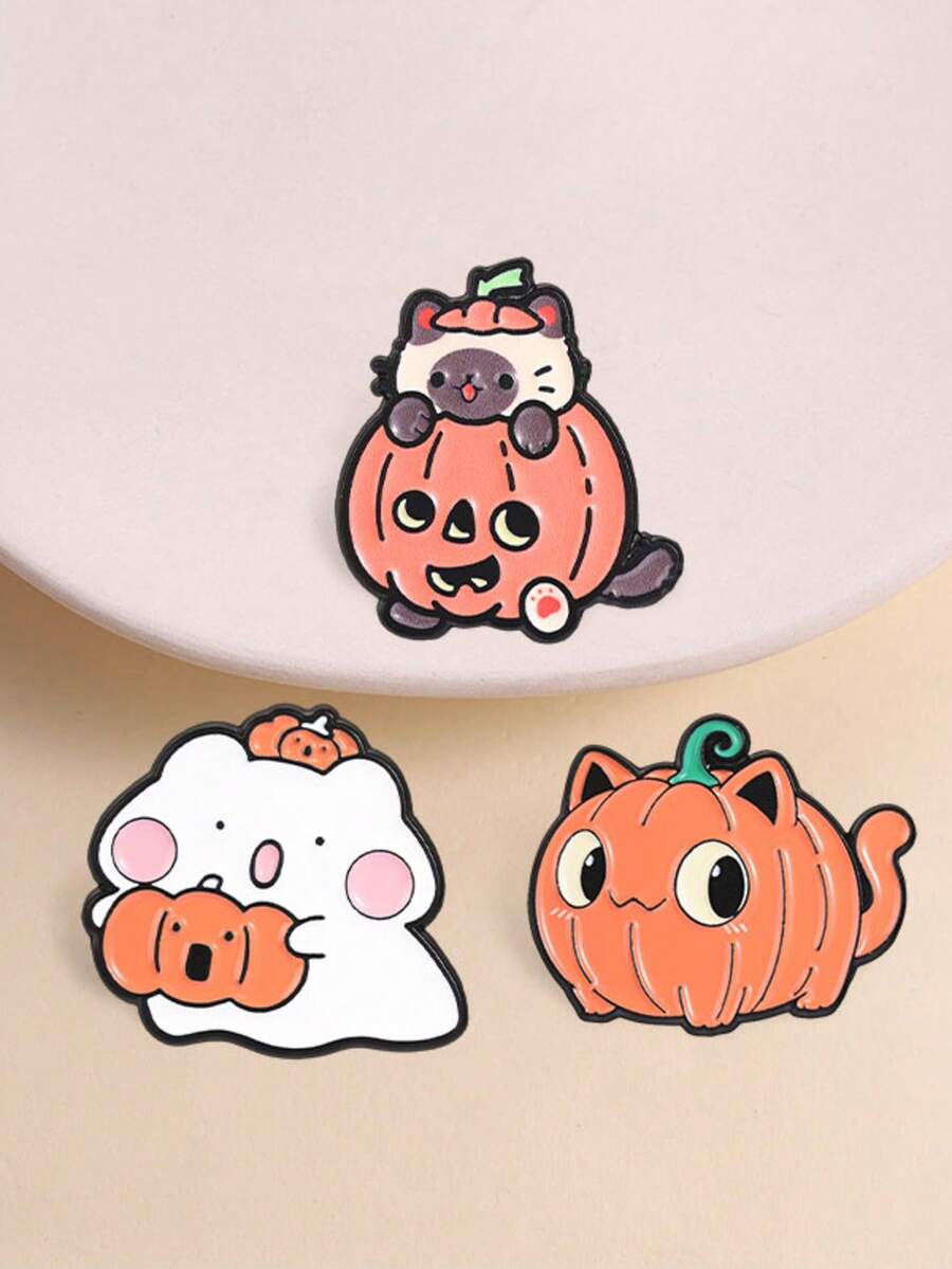 3pcs Cute Halloween Pumpkin Cat Enamel Pins, Cartoon Ghost Badges, Fashion Clothing Backpack Accessories, Halloween Gifts For Friends