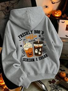 Plus-Size Women's Autumn/Winter Pullover Hoodie, Halloween-Themed Coffee Ghost Pumpkin Bat Print Drawstring Pocket Casual Versatile Sweatshirt. - Grey - View 1
