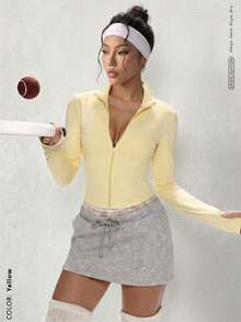 Convertible Cup Design, Thumb Hole Cuffs, Waist Cinching, Essential High Neck Zip-Up Yoga Jacket Spring Yellow - Yellow - View 2