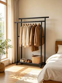 1 Pc Black Double‑Bar Movable Floor Coat Rack, High‑Low Double‑Bar Hanging Design, Bottom Storage Layer, Universal Casters For Easy Movement, Suitable For Bedrooms, Entrances And Cloakrooms To Hang Clothes And Bags - Double-bar Drying Rack - View 1