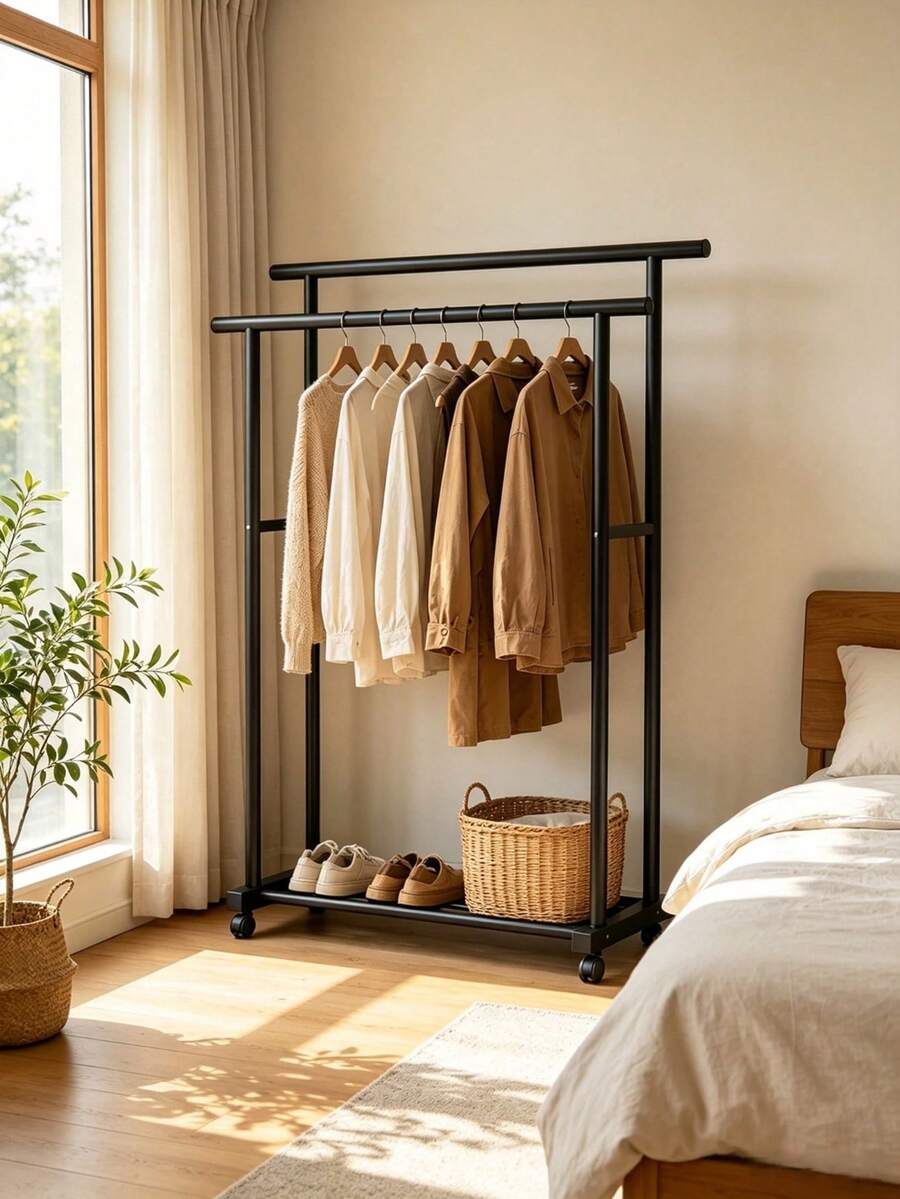 1 Pc Black Double‑Bar Movable Floor Coat Rack, High‑Low Double‑Bar Hanging Design, Bottom Storage Layer, Universal Casters For Easy Movement, Suitable For Bedrooms, Entrances And Cloakrooms To Hang Clothes And Bags - Double-bar Drying Rack - View 1