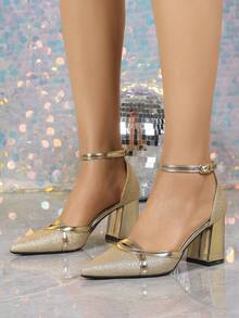 2025 Pointed Toe Chunky High Heel Fashion Casual Women's Pumps - Gold - View 5