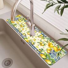 1pc Sink Faucet Absorbent Mat, Lemon Pattern Drainage Pad, Suitable For Kitchen, Bathroom Sink, Countertop, Drainage Mat, Diatomaceous Earth Material, Cuttable, Quick Dry Mat - Multicolor - View 4