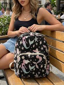 1 Piece Backpack, Women's Mini Backpack, Corduroy Girl School Bag, Travel Storage Bag, Mermaid Printed Design, Large‑Capacity Foldable Easy‑To‑Store Bag, Lightweight & Pressure‑Relieving, Multi‑Pocket Layered Design With Zipper Closure - Mermaid 401266 - View 7