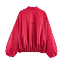 Women V Neck Bomber Jacket, Solid Red Long Puff Sleeve Elastic Hem Loose Casual Outerwear With Pockets - Red - View 7