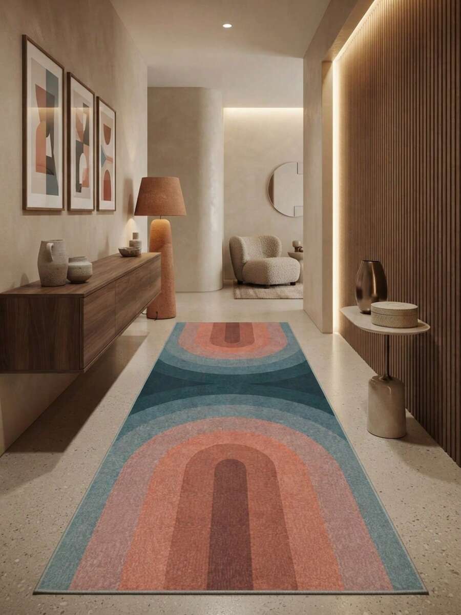 1PC Blue Gray Rust Red Concentric Arch Long Strip Carpet, Vintage Pop Style Faux Cashmere Rectangular Gradient U-Shaped Geometric Machine Washable Long Strip Rug, Suitable For Living Room Bedroom Kitchen Bedside Home Decor - Multicolor - View 1