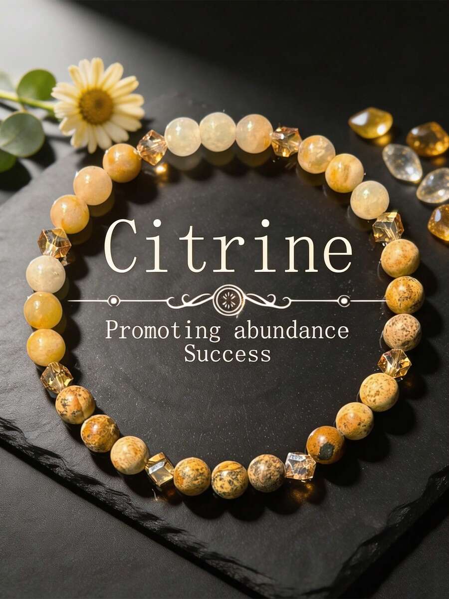 1pc Yellow Quartz Beaded Bracelet, 6mm, Handmade Jewelry, Symbolizing Wealth And Success, Unisex Everyday Wear, Jewelry Gift