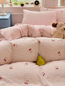 Comfortable Bedding Set, Red Cherry Bow Print, Light Pink Plaid Pattern, Includes 1*Duvet Cover+1/2*Pillowcases, 100% Polyester, With Tie And Zipper Design, Comfortable Touch, Soft Fabric, No Filling - Baby Pink - View 6