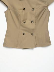 DEEKA Autumn New Women's European And American Style Fashion Minimalist Versatile Solid Color Lapel Double-Breasted Waist-Cinching Shirt - Khaki - View 10