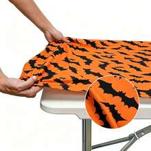 Halloween Orange Bat Print Elastic Tablecloth, Suitable For 4ft/6ft Party Decoration; Rectangular Folding Table Elastic Spandex Tablecloth, Combines Tabletop Protection Function, Suitable For Indoor And Outdoor Holiday Party Decoration, Reusable. - View 3
