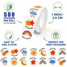 500pcs/Roll Cute Cartoon Rainbow Smiling Face Self-Adhesive Graffiti Stickers, Reward & Encouragement Stickers, Gift Envelope Seal Stickers, PVC Waterproof Stickers For Classroom, School, Work, Study, Training, Scripture Stickers, Handmade Self-Adhesive Labels, Motivational & Encouragement Stickers, Back To School Decoration Stickers, School Opening Stickers - Multicolor - View 2