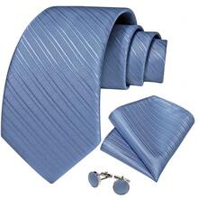 5Pcs Men Dusty Blue Striped Tie Pocket Square Cufflinks Boutonniere Tie Clip Set, Random Cufflink Pattern, Suit Accessories For Wedding - Dusty Blue - View 3