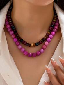 1/2pcs Thick Acrylic Ball Chain Semi-Gemstone Flat Round Bead Double Layer Necklace, Women's Daily Vacation Outfit Accessory - Multicolor - View 14