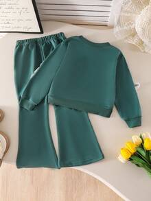 2pcs/Set Girls Toddler Casual Sporty Style 3D Floral Green Sweatshirt & Long Pants Set, Spring/Autumn - Green - View 2