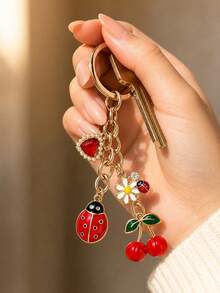 Enameled Alloy Ladybug Daisy Cherry Pendant, Cute Girly Backpack Charm, Exquisite Personal Accessory, Ladybug Keychain With Small Daisy, Cherry, And Heart Rhinestone Combination, Girly Heart Bag Charm, Versatile And Exquisite Car Keyring, Best Friend - Multicolor - View 2