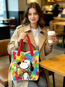1件 Snoopy Princess 托特包－大容量耐用帆布包，粉色小狗與彩色圖案，適合節日活動、慶典場合與日常使用，錢包與手提包，結構堅固，感恩節慶祝、聖誕節與萬聖節理想之選，節日禮物、派對配件 - 紅色 - 查看 3