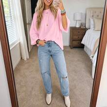 Women's Top Relaxed Fit Satin Look Dolman Sleeve Crew Neck, Satin Finish, Dolman Sleeve, Casual Everyday All-Season - Pink - View 5