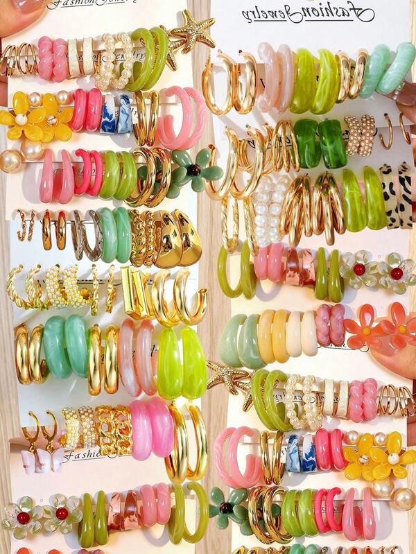 17KM 10pcs Random Style Women's Earrings Set, Fashion Elegant Minimalist Colorful Wide Flower-Shaped Geometric Earrings, Suitable For Women's Daily Wear, Vacation, Date, Party, Gift, Wedding, Festival, Banquet, Birthday, Travel, Gift For Mom, Girlfriend, Friend, Daughter, Loved One
