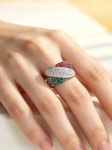 Eterna Glow 1 buah Cincin Mewah Bertatahkan Zirkonia Kubik Merah & Hijau untuk Wanita, Cincin Fashion Warna Perak, Geometri untuk Pemakaian Sehari-hari, Pesta, Pernikahan, Perhiasan Ulang Tahun - cincin - View 6