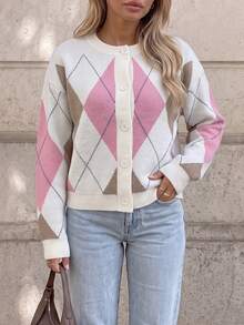 Cardigan Rajut Argyle Vintage Wanita, Lengan Panjang, Desain Detail Kancing, Sempurna untuk Dipakai di Musim Gugur/Musim Dingin. - MultiWarna - View 5