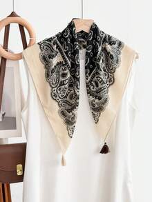 Women Retro Paisley Print Triangle Scarf, Beige Base With Contrast Tassel Fringe, Soft Neck Bandana For Daily Casual Outfit - Multicolor - View 6