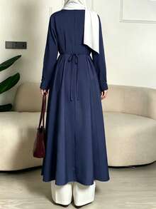 Women's Elegant Casual Round Neck Long Sleeve Minimalist Split Long Robe/Dress 2-In-1 (Zipper Adjustable Split) Solid Color Back Tie Zipper For Daily Wear And Dating - Royal Blue - View 3