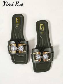 Ximi Ruo Women's Spring/Summer New Fashion Casual One-Strap Flat Slide Sandals, Comfortable Round Toe Low Heel Beach Slippers, Minimalist Versatile Outdoor Wear Sandals For Women - Dark Green - View 6
