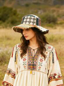 Patchwork Raw Edge Bucket Hat, Vintage Bohemian Contrast Color Patchwork Wide Brim Sun Hat, Niche Distressed Tassel Vacation Bucket Hat - Multicolor - View 1