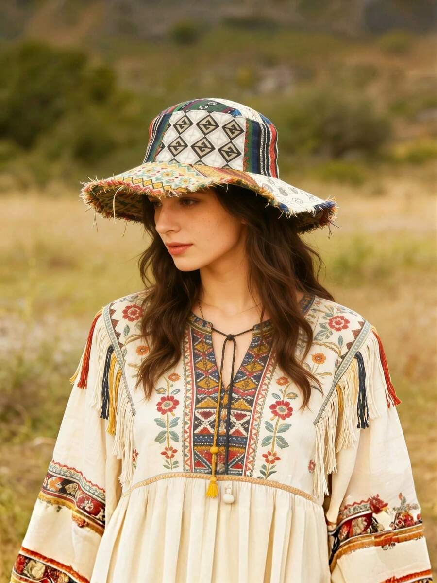 Patchwork Raw Edge Bucket Hat, Vintage Bohemian Contrast Color Patchwork Wide Brim Sun Hat, Niche Distressed Tassel Vacation Bucket Hat - Multicolor - View 1