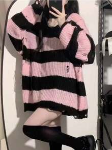 あき服 レディース  秋 アウター ハロウィン  レディース ダメージ加工 ニット 韓国ファッション オーバーサイズ ニットセーター ボーダー柄ップス 春秋 ストライプ  カラーブロッ秋服 ハロウィンコスプレボーダートップス - CC - チェックする 5