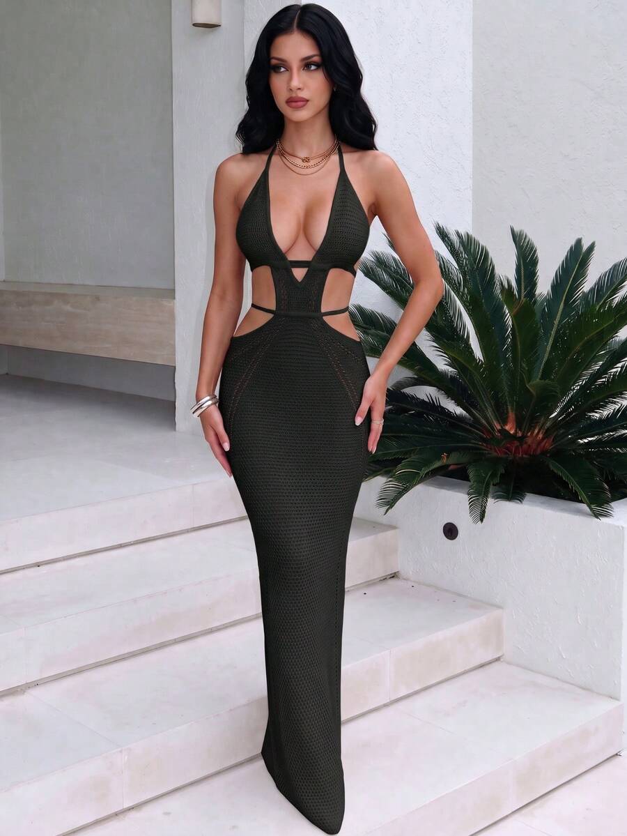 Women's Sexy Hollow-Out Backless Wool Slip Dress, Party/Vacation/Beach Wear, Spring/Summer Black Elegant - Black - View 1