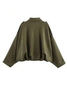 Vintage Distressed Style Lapel Zipper Jacket, Oversized Silhouette Flattering Slimming Autumn/Winter Versatile Jacket Top - Army Green - View 8