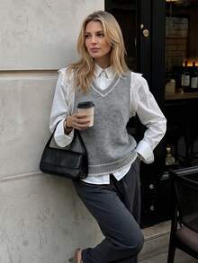 Nicenter Women's Fall Winter Grey V-Neck Contrast Lace Sleeve Wool Blend Sweater Vest, Elegant Casual Simple For Office Daily Home Date - Grey - View 8